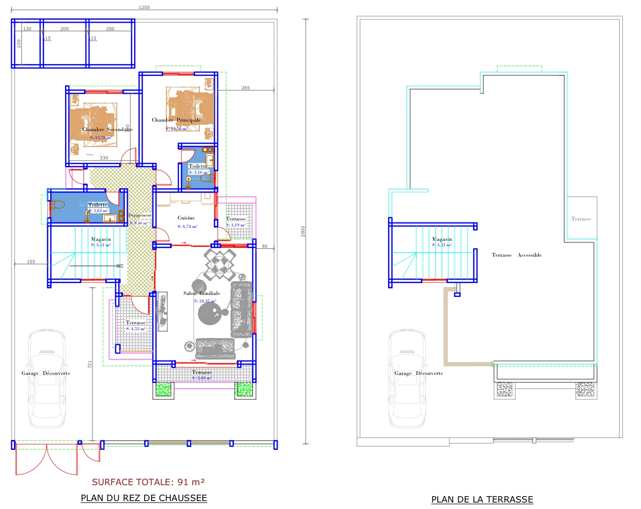 Plan type F3 DS Immo : plan du rez-de-chaussée et plan de la terrasse
