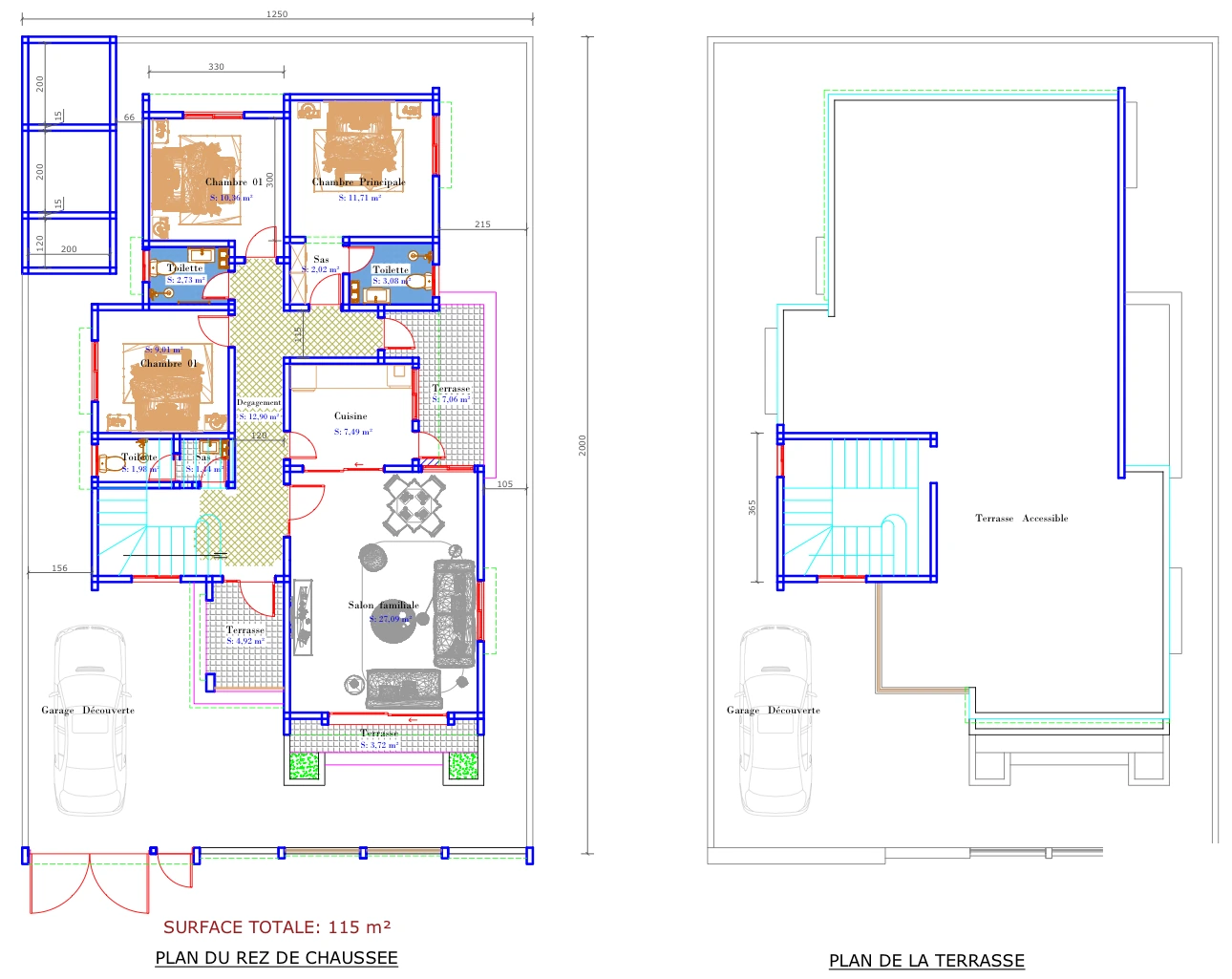 Plan type F4 DS Immo : plan du rez-de-chaussée et plan de la terrasse