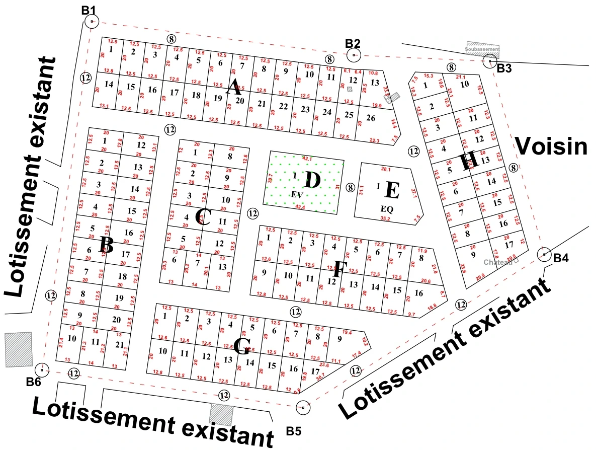Plan de lotissement à Missalabougou : îlots A à H, espace vert et équipement
